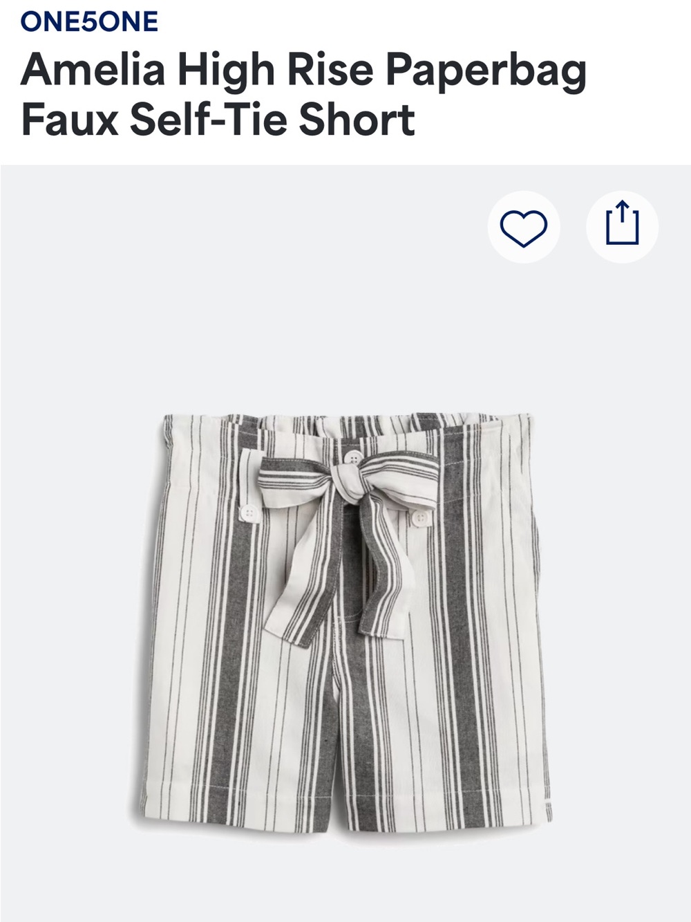 one 5 one Amelia High Rise Paperbag Faux Self-Tie Short - White & Black Stripe